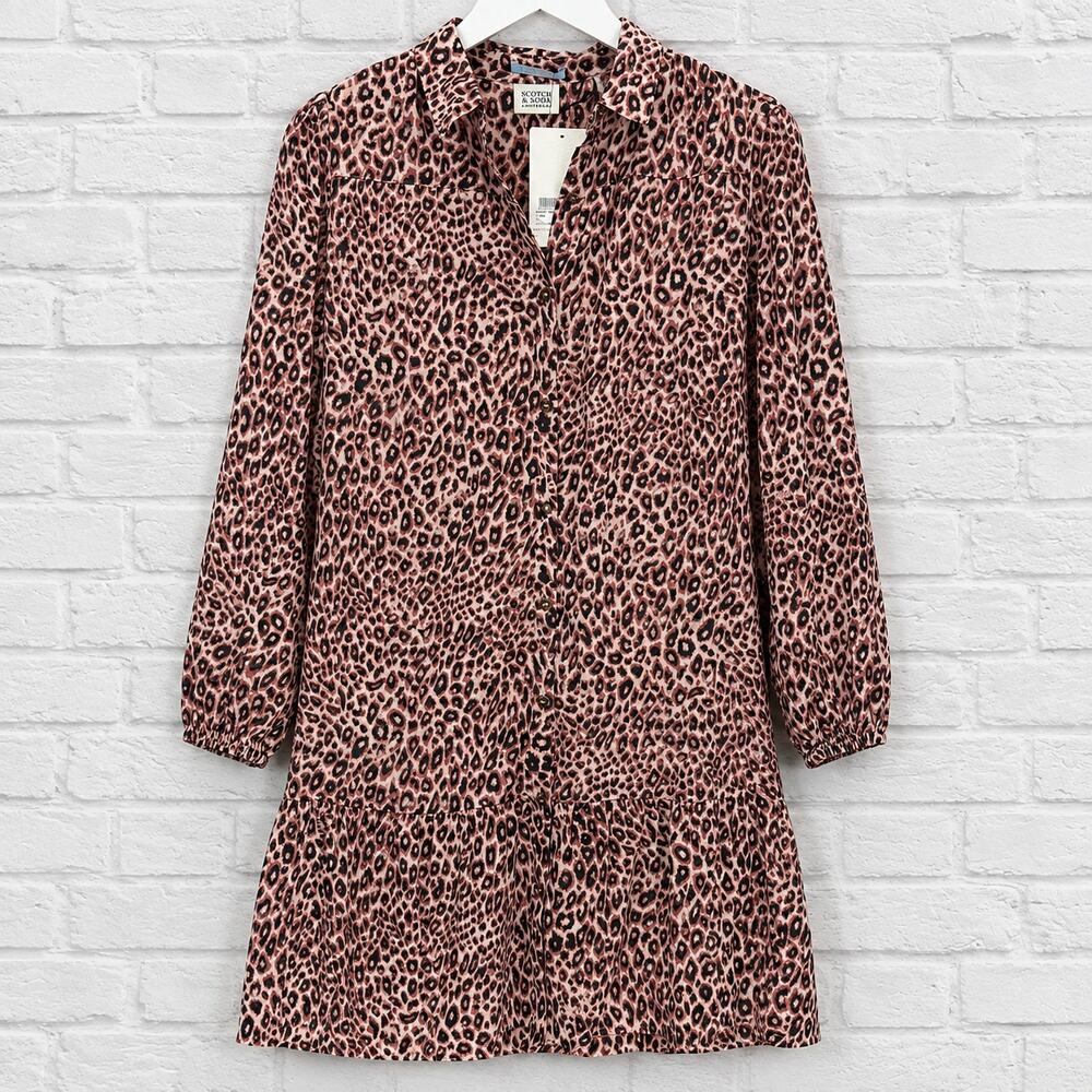 Scotch & Soda Kids Leopard Print Cotton Dress Size 12 Pink Flannel New